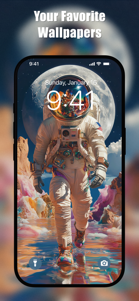 iPhone lock screen showing a surreal and colorful 4K astronaut wallpaper from the Hipster Wallpapers app.
