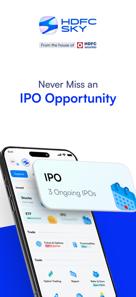 HDFC SKY mobile app interface highlighting ongoing IPO investment opportunities in the Indian market