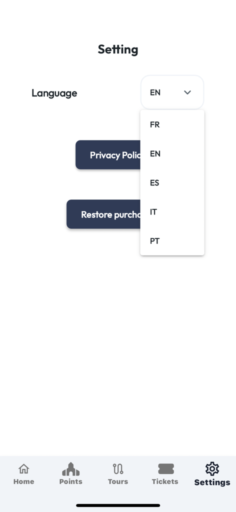Interface des paramètres de l'application Visite et Guide d'Orsay montrant les options de sélection de langue.