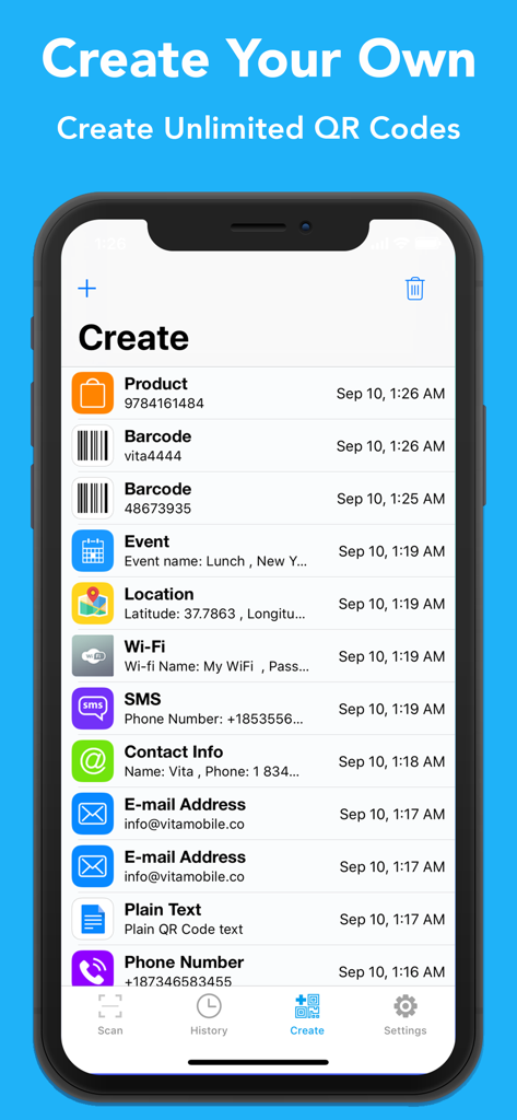 Interface of an iOS app showing options to create different types of QR codes and barcodes including Wi-Fi contact info and email