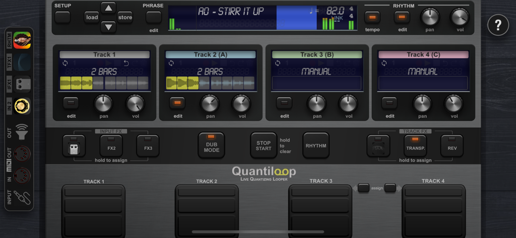 Quantiloop Pro live looper main interface with four tracks and performance controls
