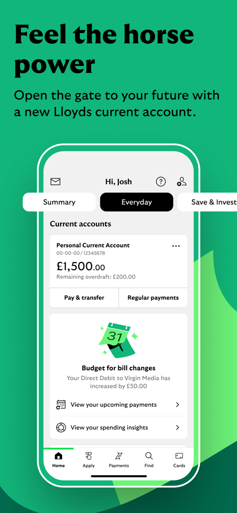 App Lloyds Mobile Banking che mostra il saldo del conto corrente e gli avvisi di budget per le modifiche delle bollette