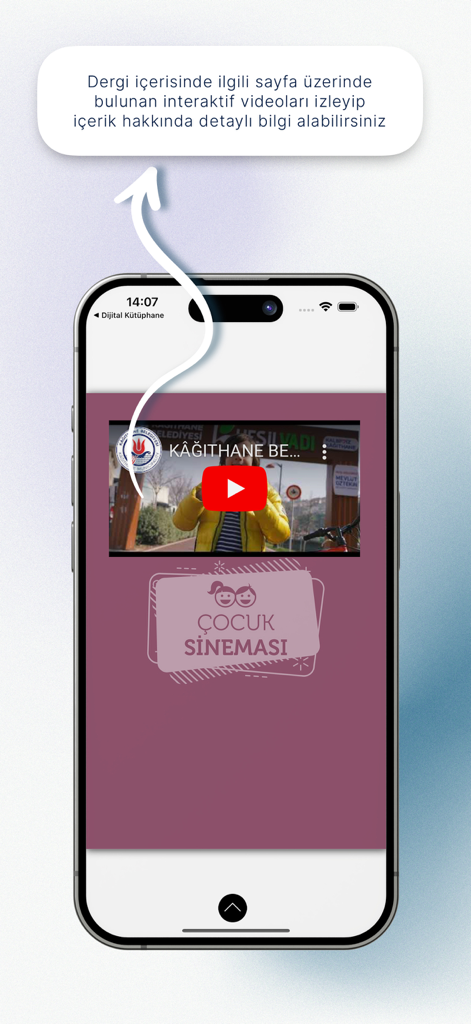 Dijital Kütüphane - Mobile app screenshot showing an interactive video player embedded within a digital magazine page for children