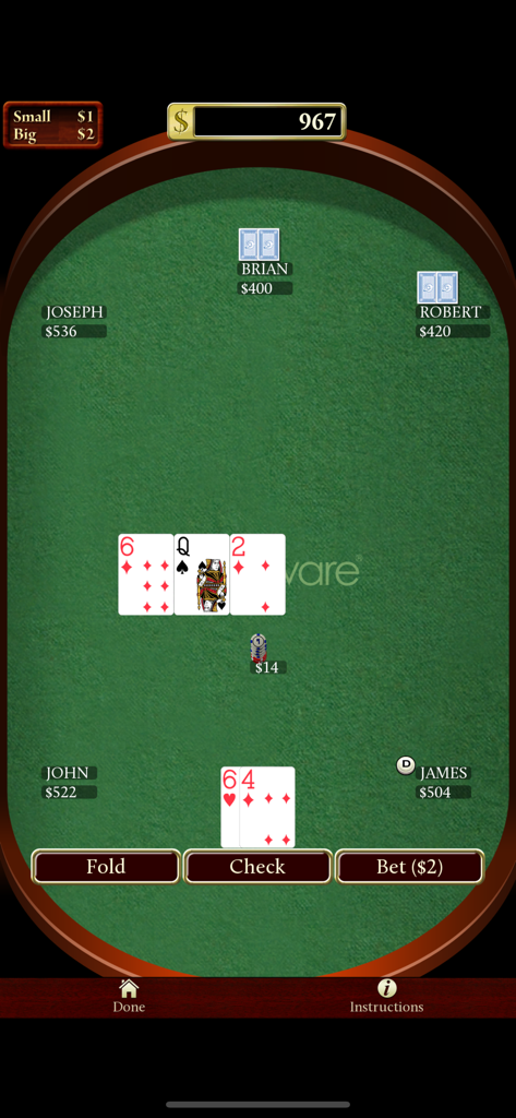 Astraware Casino - Gameplay screen of Texas Hold Em Poker in Astraware Casino showing player hands and betting options on a green felt table