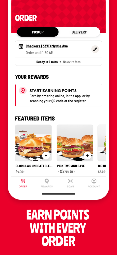 Checkers & Rally's - Checkers and Rallys mobile app interface showing pickup and delivery options with a prompt to earn rewards points