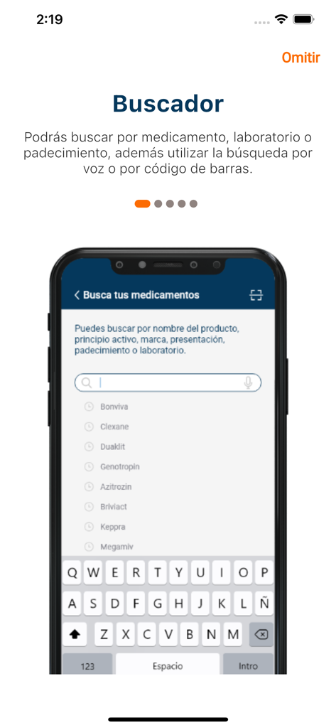 Farmacias Especializadas - Pantalla móvil que muestra la interfaz de búsqueda de medicamentos de la aplicación Farmacias Especializadas con opciones de voz y código de barras