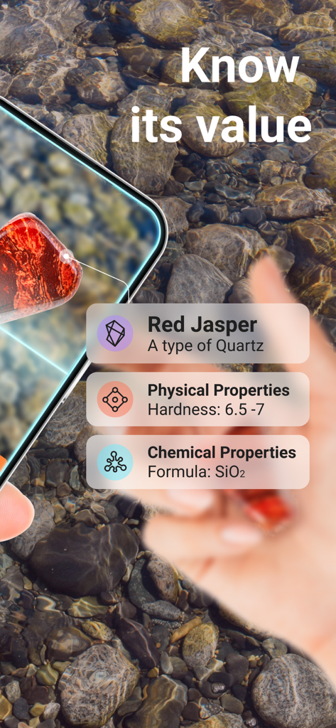 Rock Identifier: Stone ID - Interfaz de la aplicación Rock Identifier mostrando el nombre, la dureza y la fórmula química de una piedra de Jaspe Rojo