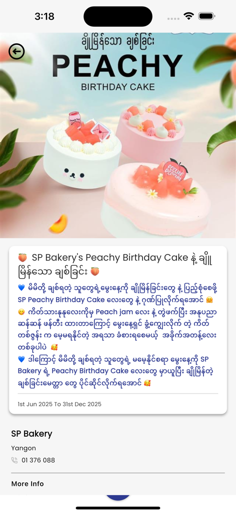Promotion for Peachy Birthday Cakes from SP Bakery app