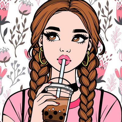 realistic girl with braided hair drinking boba