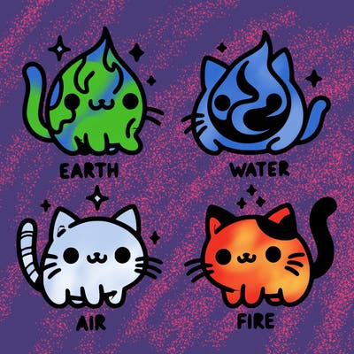 4 cats that represent the different elements, earth, water, air, and fire