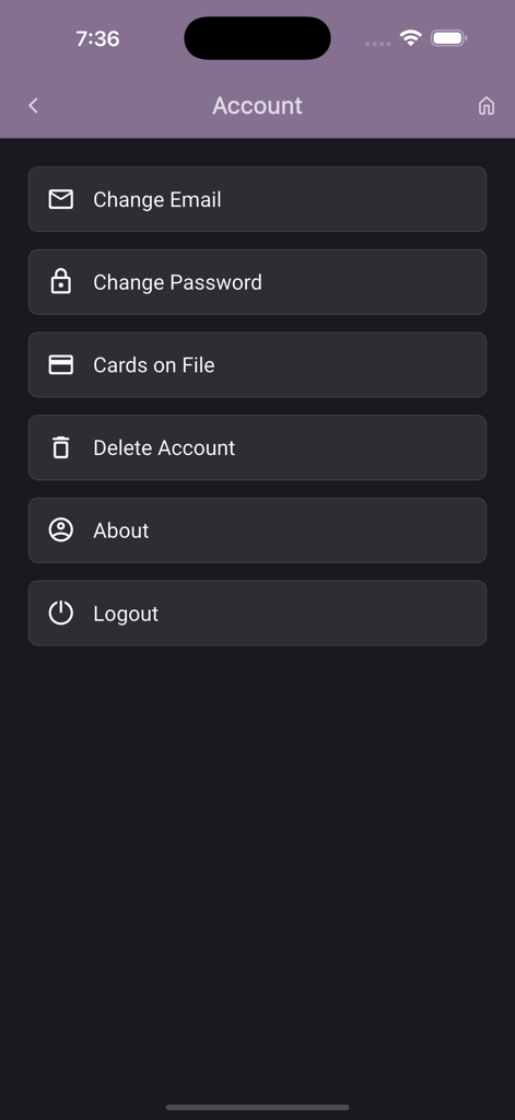 Account settings screen in the VIDA Fitness app showing options for profile management and payment methods