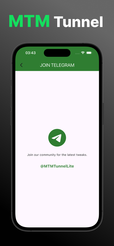 MTM Tunnel Lite app screen inviting users to join their Telegram community for the latest tweaks