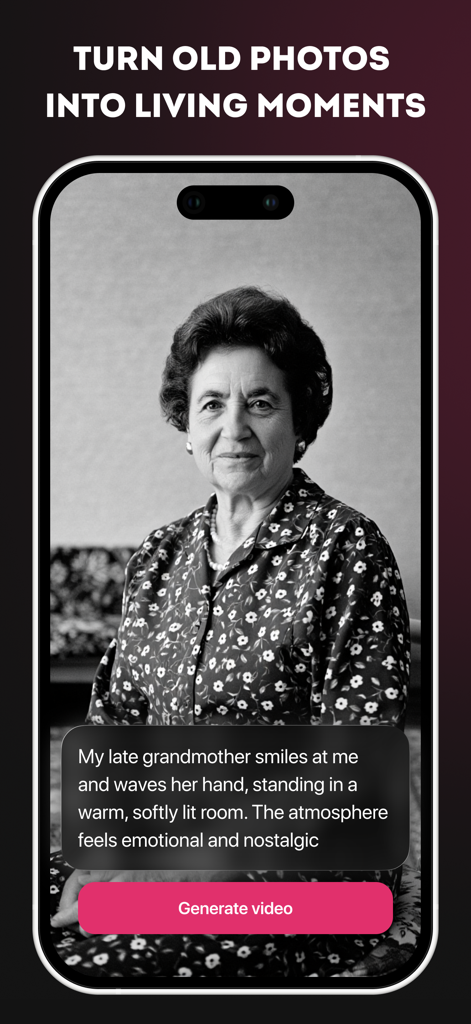 Yammi-App-Oberfläche, die eine KI-Aufforderung zur Animation eines Schwarz-Weiß-Fotos einer Großmutter in einen lebendigen Video-Moment zeigt