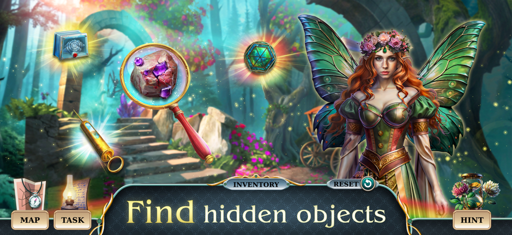 Lucky Season 2：Find the Object - Fairy character with magical items in a forest hidden object game scene