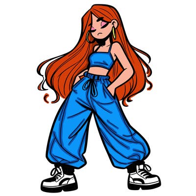 girl in baggy pants crop top and long hair