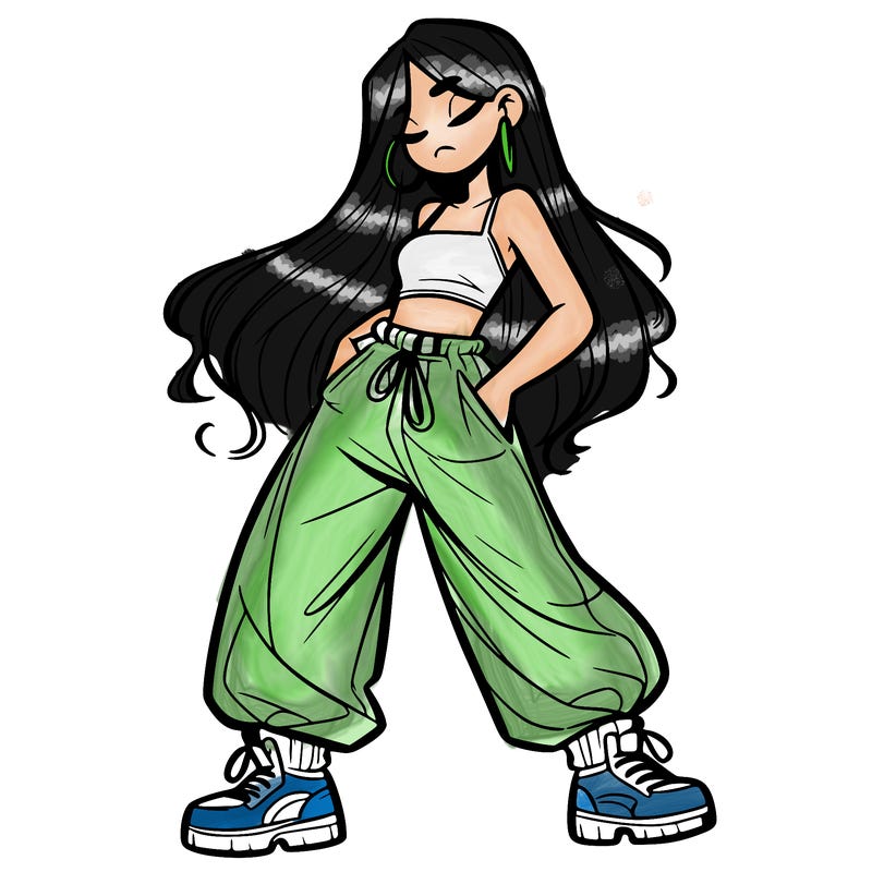 girl in baggy pants crop top and long hair