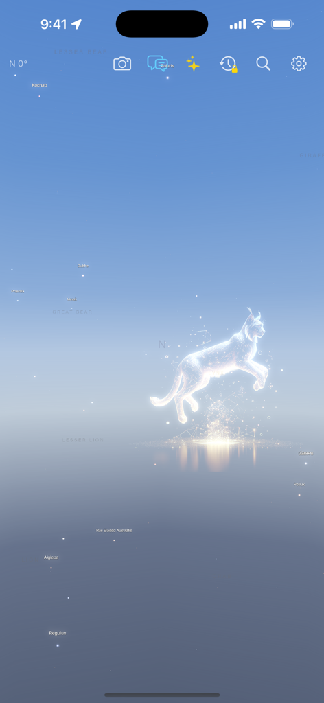 Interfaz de la aplicación Guía de Constelaciones que muestra una constelación brillante de Lince y estrellas etiquetadas