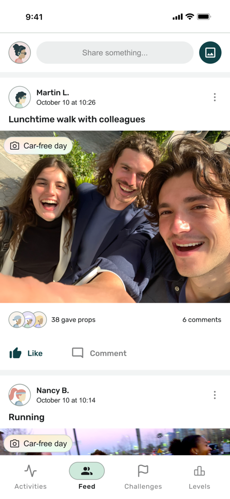 Propulsion - Propulsion app social feed showing a post from colleagues participating in a lunchtime walk activity.
