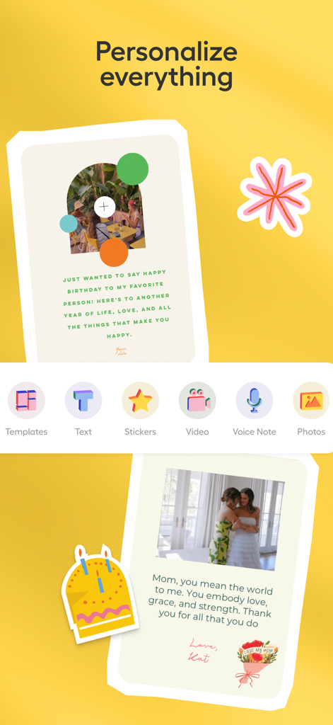 Givingli: Send Gifts & Cards - Mobile app interface showing customizable digital greeting cards with photos, stickers, and voice notes.