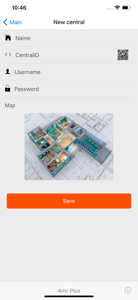 AMC Plus - Setup screen of the AMC Plus app for adding a new security central with a 3D floor plan map