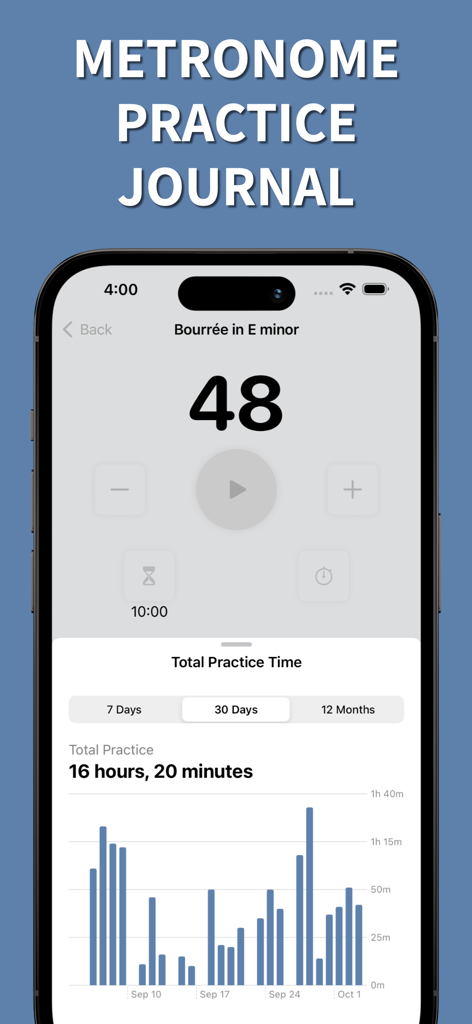 Dashboard di monitoraggio del tempo di pratica e metronomo nell'app Mujo