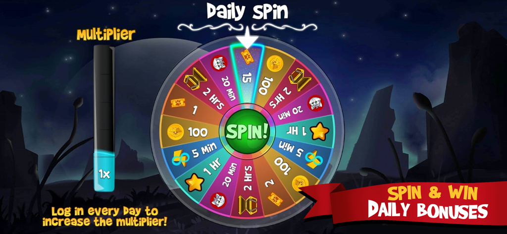 Daily spin wheel with rewards and login multiplier in Abradoodle Bingo.