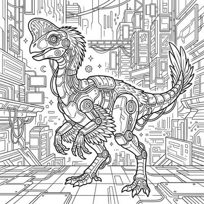 Step into a world where ancient meets avant-garde with our Cyberpunk Oviraptor coloring page. This intricate design fuses a prehistoric feathered theropod with high-tech robotic enhancements, set against a stunning futuristic cityscape.