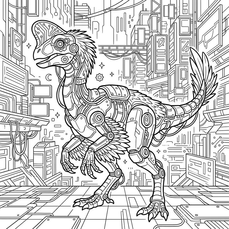 Step into a world where ancient meets avant-garde with our Cyberpunk Oviraptor coloring page. This intricate design fuses a prehistoric feathered theropod with high-tech robotic enhancements, set against a stunning futuristic cityscape.