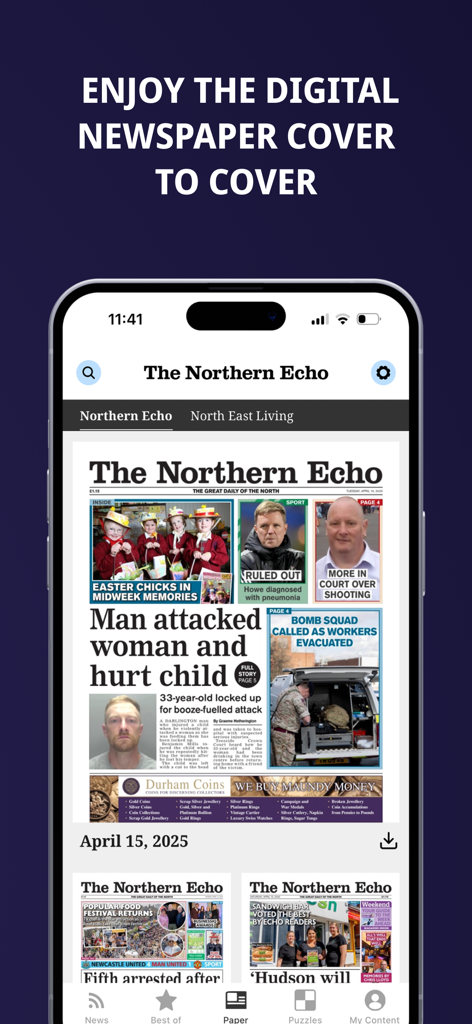 The Northern Echo - iPhone screen showing the digital daily newspaper edition of The Northern Echo