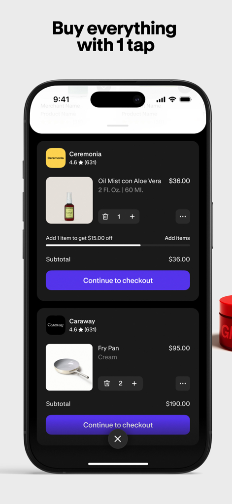 Shop app interface showing a multi-brand mobile checkout screen with Shop Pay functionality.