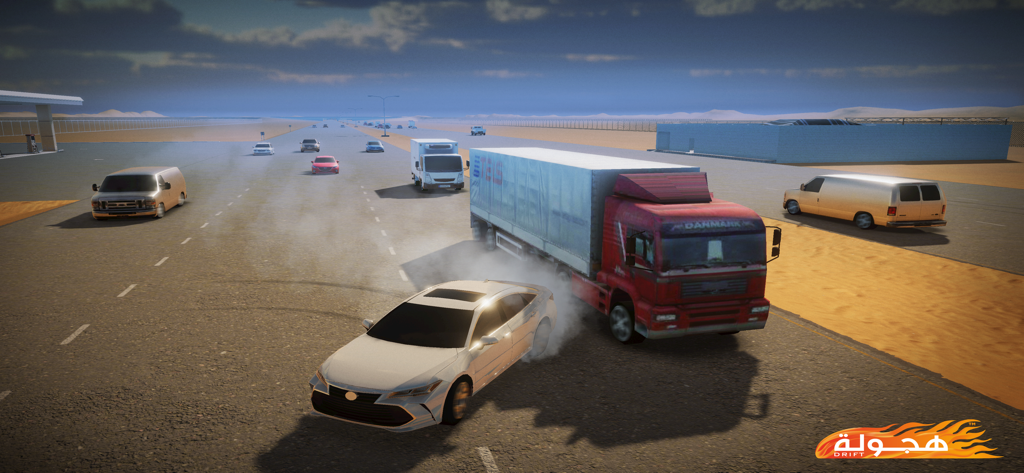 White car drifting on a desert highway next to a red semi-truck in Hajwala Drift