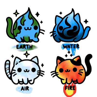 4 cats that represent the different elements, earth, water, air, and fire