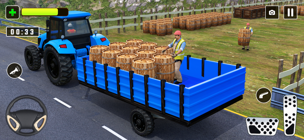 Tractor Games Trailer Pull 3D - Um trator azul puxando um reboque carregado com barris de madeira em um jogo de direção 3D