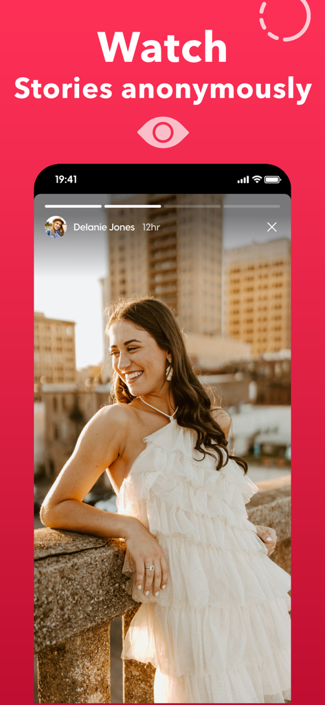 Story Saver - Story Viewer - Story Saver app interface showing the watch stories anonymously feature with a preview of an Instagram story