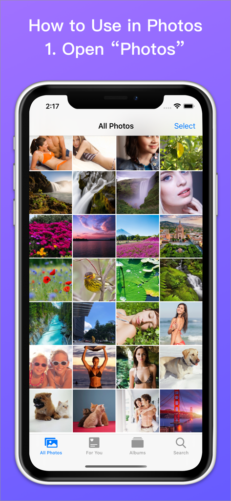 Power Reverse Image Search - Pantalla de instrucciones que muestra cómo abrir la galería de Fotos del iPhone para iniciar una búsqueda inversa de imágenes.