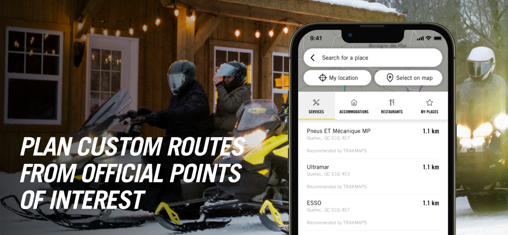 BRP GO!: Maps & Navigation - Snowmobilers planning a custom route using official points of interest on the BRP GO navigation app.