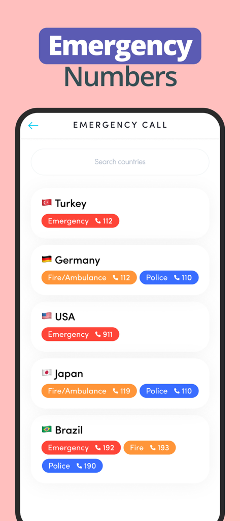 Family Friend Locator: Carpin - Interface showing a list of international emergency phone numbers for different countries