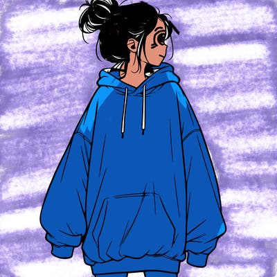 realistic girl with a oversized sweatshirt on and a bun