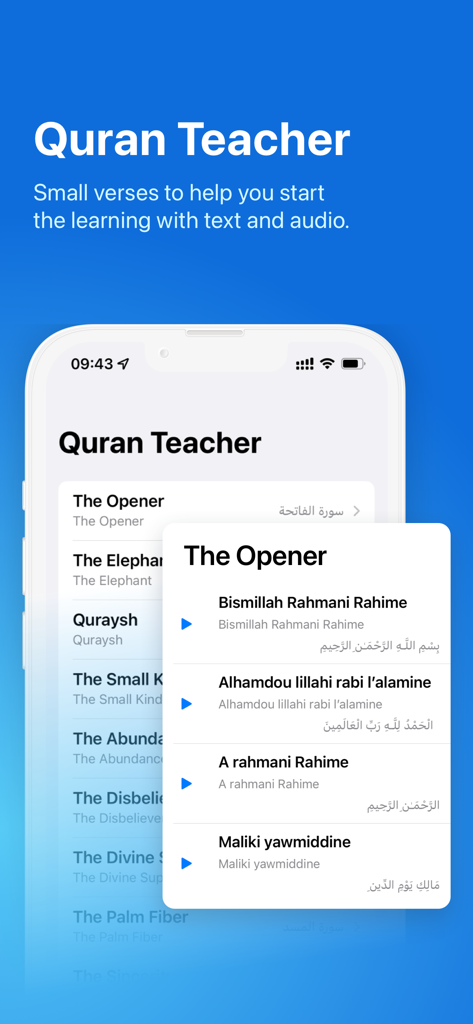 Namaz: Salat Muslim Prayer - Screenshot of the Quran Teacher feature in the Namaz app showing transliterated verses and audio play buttons