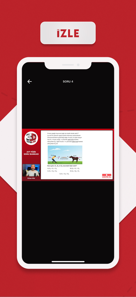 3D Mobil - A mobile interface of the 3D Mobil app showing a physics video solution with a diagram and an instructor in dark mode.