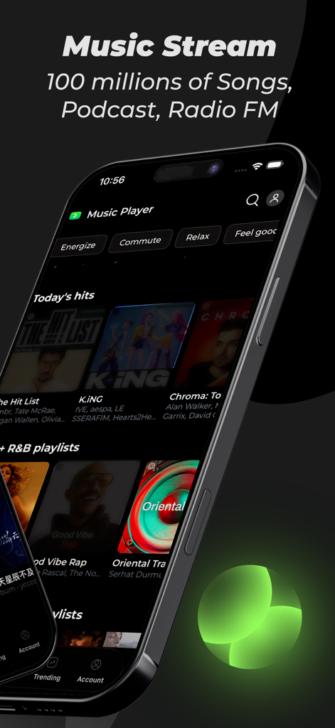 Music Lite - Music Player - Smartphone screen showing the Music Lite app interface with trending songs and curated playlists