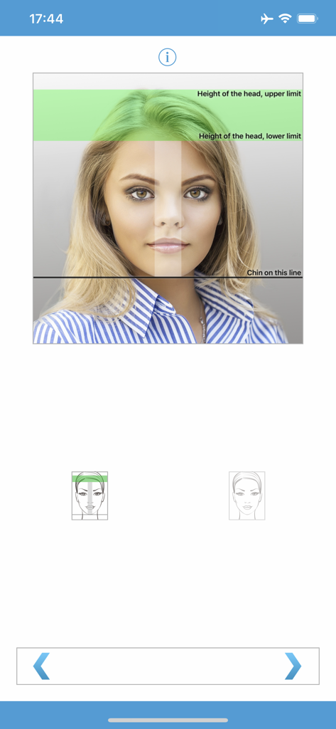 Biometric Passport Photo - A woman's portrait being aligned with head and chin limits in the biometric passport photo app