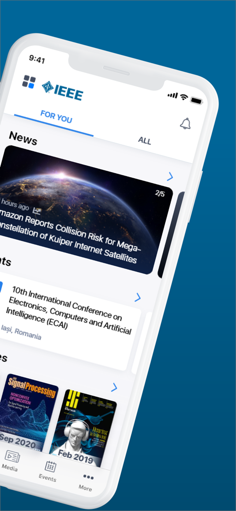 IEEE - Das IEEE-App-Dashboard zeigt personalisierte technische Nachrichten, internationale Konferenzen und Ingenieur-Magazine.
