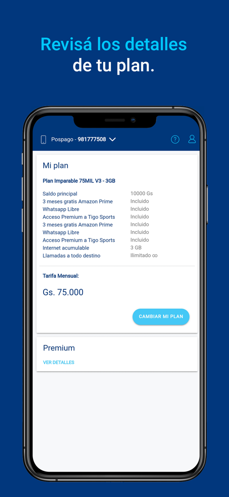 Interfaz de la aplicación Mi Tigo Paraguay mostrando información detallada sobre un plan de suscripción móvil, incluido el precio y los beneficios