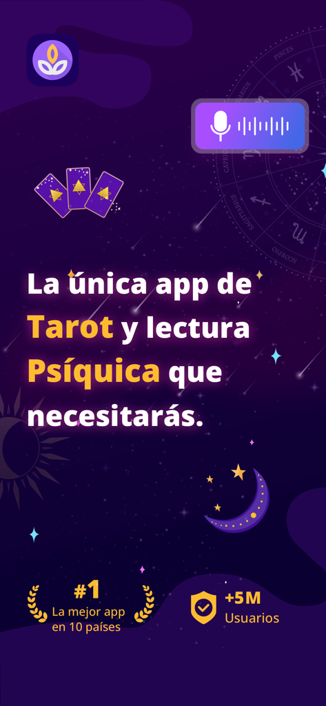 Salvia app promotional screen featuring tarot cards and psychic reading text in Spanish with a cosmic background