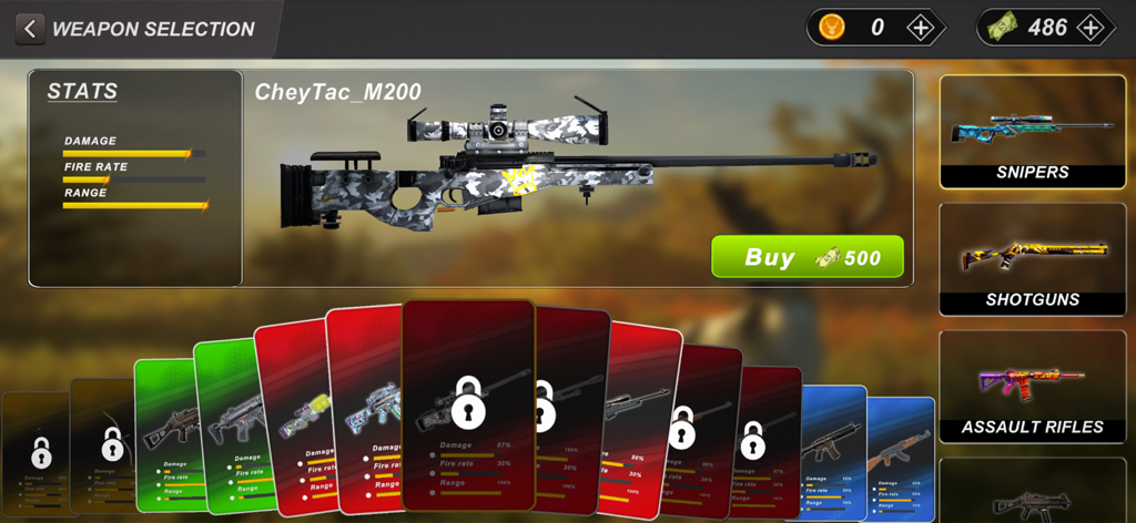 Wild Hunter Deer Hunting Games - Menú de selección de armas en Wild Hunter Deer Hunting Games mostrando un rifle de francotirador con estadísticas de daño y alcance