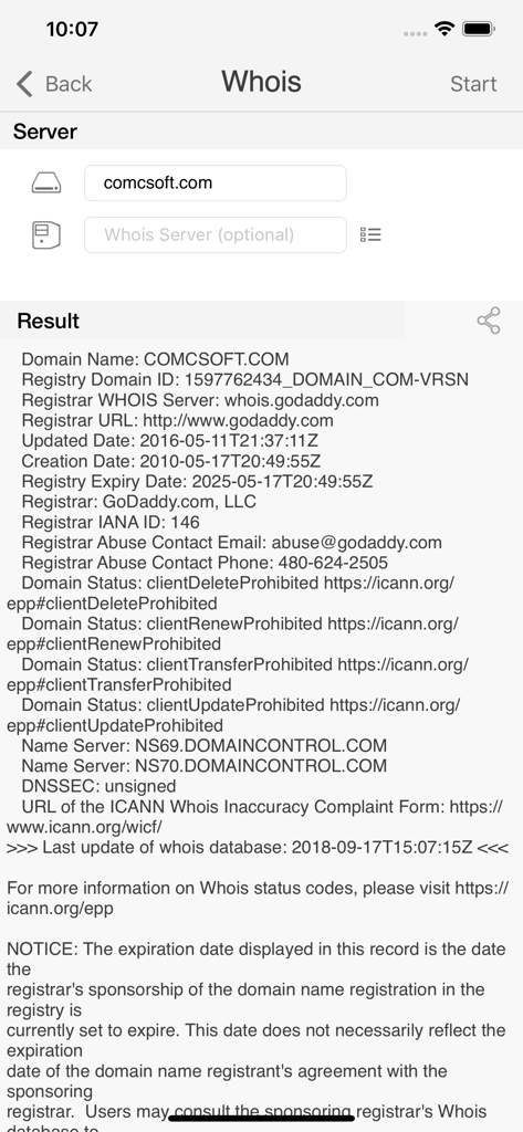 iNetTools - Pro - Screenshot of the Whois lookup tool in iNetTools Pro displaying domain registration details for comcsoft.com