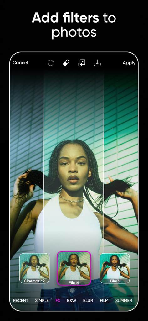 Interface of Picsart mobile app showing how to add cinematic and film filters to a portrait photo of a woman with braids.