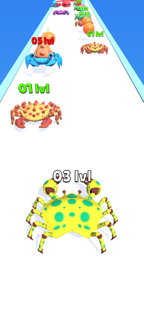 Crab Evolution Run - Level 3 yellow crab racing on a track in Crab Evolution Run
