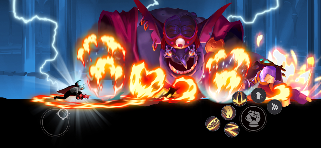 A ninja hero battles a giant boss with explosive fire effects in Stickman Master Shadow Ninja